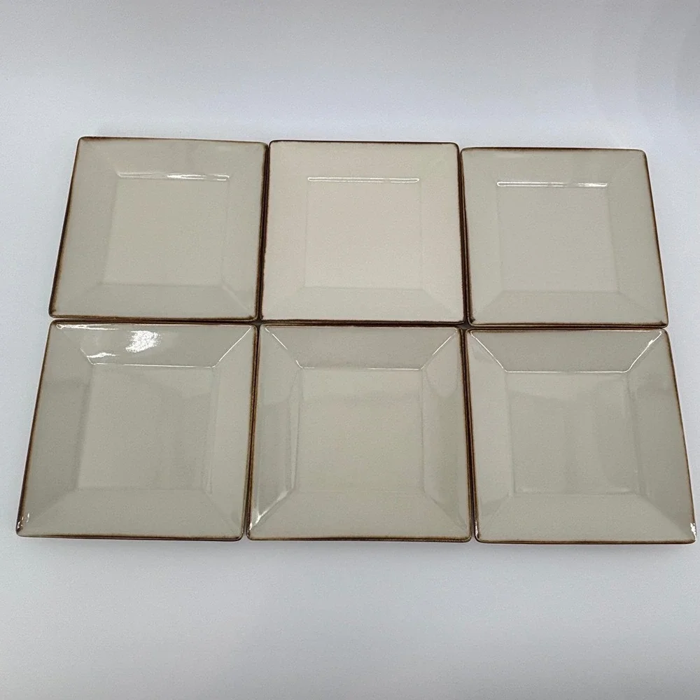 Pottery Barn Asian Square 12pc Set 6 Noodle Bowls 6 Plates Putty Brown Rim Japan